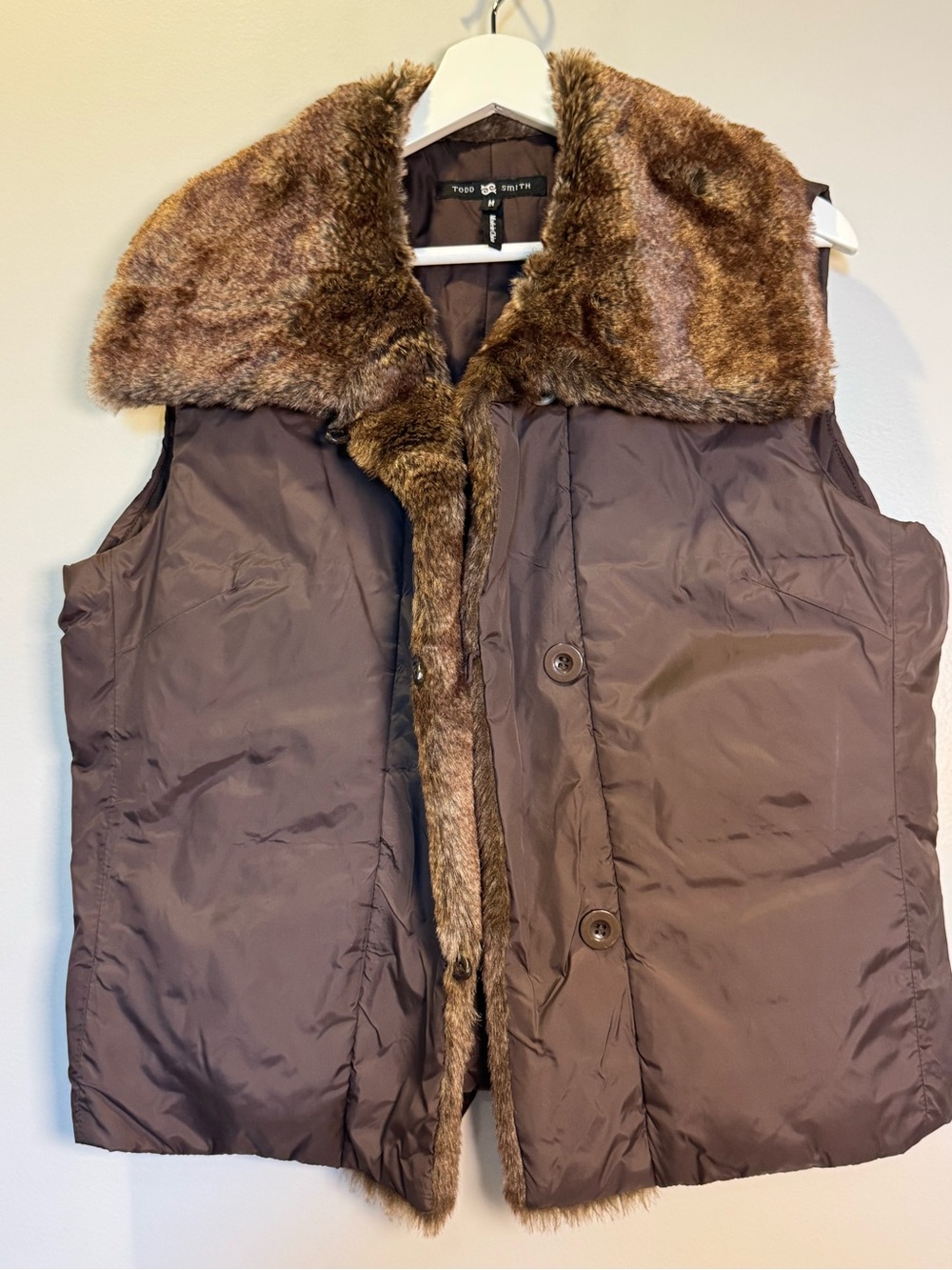 Brown Faux-Fur Trim Puffer Vest size M